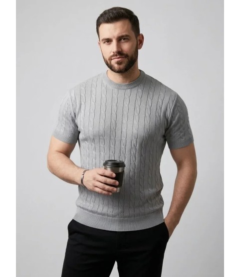 Erkek Yazlık Triko Dokuma Tişört Kısa Kol Bisiklet Yaka Örgü Desenli T-Shirt - Gri