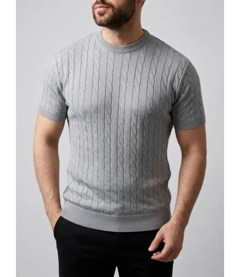 Erkek Yazlık Triko Dokuma Tişört Kısa Kol Bisiklet Yaka Örgü Desenli T-Shirt - Gri