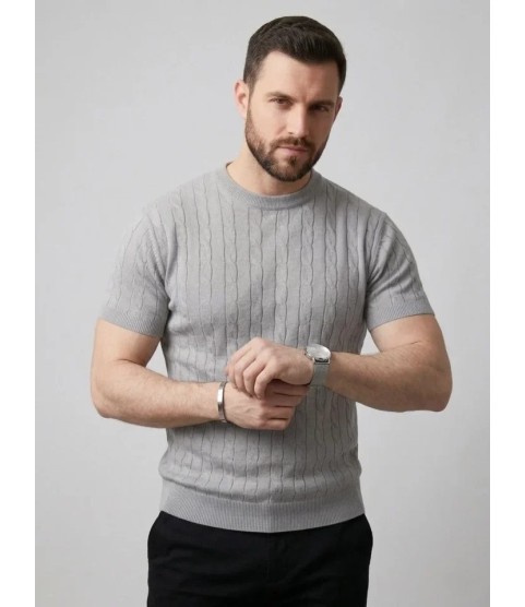 Erkek Yazlık Triko Dokuma Tişört Kısa Kol Bisiklet Yaka Örgü Desenli T-Shirt - Gri