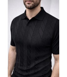 Erkek Yazlık Triko Dokuma Tişört Kısa Kol Polo Yaka T-Shirt - Siyah