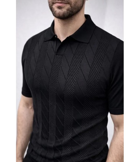 Erkek Yazlık Triko Dokuma Tişört Kısa Kol Polo Yaka T-Shirt - Siyah