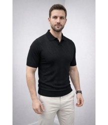 Erkek Yazlık Triko Dokuma Tişört Kısa Kol Polo Yaka T-Shirt - Siyah