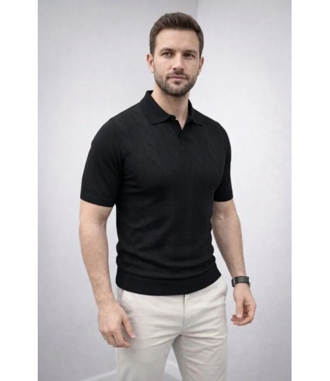 Erkek Yazlık Triko Dokuma Tişört Kısa Kol Polo Yaka T-Shirt - Siyah