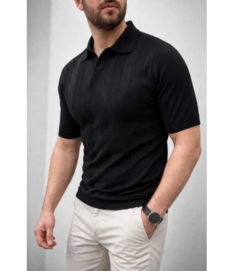 Erkek Yazlık Triko Dokuma Tişört Kısa Kol Polo Yaka T-Shirt - Siyah