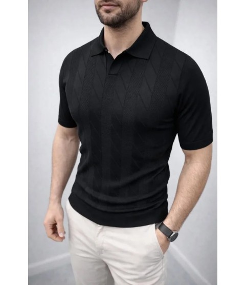 Erkek Yazlık Triko Dokuma Tişört Kısa Kol Polo Yaka T-Shirt - Siyah