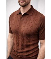 Erkek Yazlık Triko Dokuma Tişört Kısa Kol Polo Yaka T-Shirt - Kahverengi