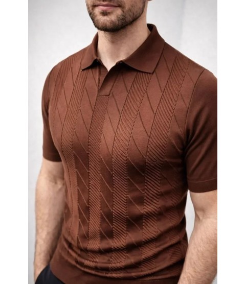 Erkek Yazlık Triko Dokuma Tişört Kısa Kol Polo Yaka T-Shirt - Kahverengi