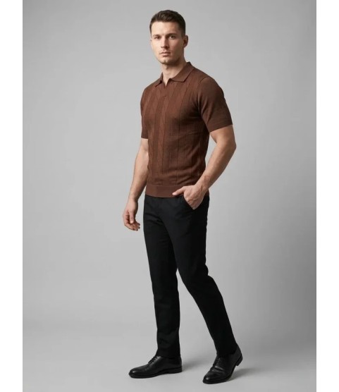 Erkek Yazlık Triko Dokuma Tişört Kısa Kol Polo Yaka T-Shirt - Kahverengi