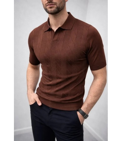 Erkek Yazlık Triko Dokuma Tişört Kısa Kol Polo Yaka T-Shirt - Kahverengi