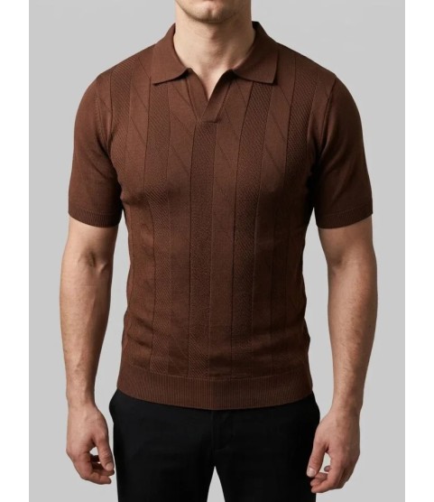 Erkek Yazlık Triko Dokuma Tişört Kısa Kol Polo Yaka T-Shirt - Kahverengi