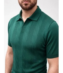 Erkek Yazlık Triko Dokuma Tişört Kısa Kol Polo Yaka T-Shirt - Koyu Yeşil