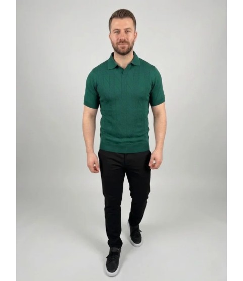 Erkek Yazlık Triko Dokuma Tişört Kısa Kol Polo Yaka T-Shirt - Koyu Yeşil