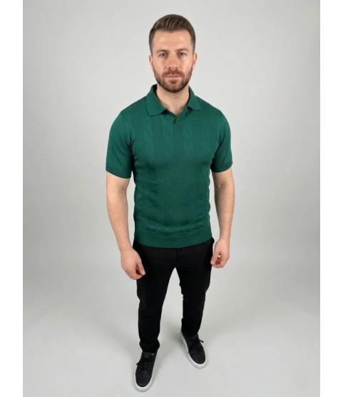Erkek Yazlık Triko Dokuma Tişört Kısa Kol Polo Yaka T-Shirt - Koyu Yeşil