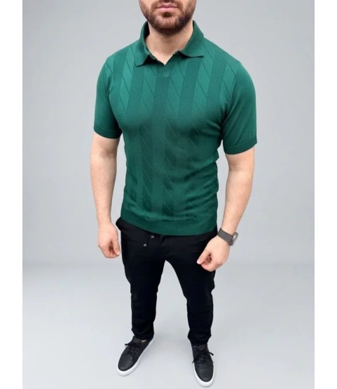 Erkek Yazlık Triko Dokuma Tişört Kısa Kol Polo Yaka T-Shirt - Koyu Yeşil