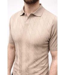 Erkek Yazlık Triko Dokuma Tişört Kısa Kol Polo Yaka T-Shirt - Bej