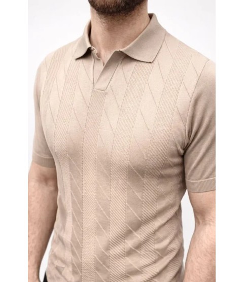 Erkek Yazlık Triko Dokuma Tişört Kısa Kol Polo Yaka T-Shirt - Bej