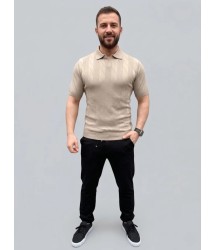 Erkek Yazlık Triko Dokuma Tişört Kısa Kol Polo Yaka T-Shirt - Bej