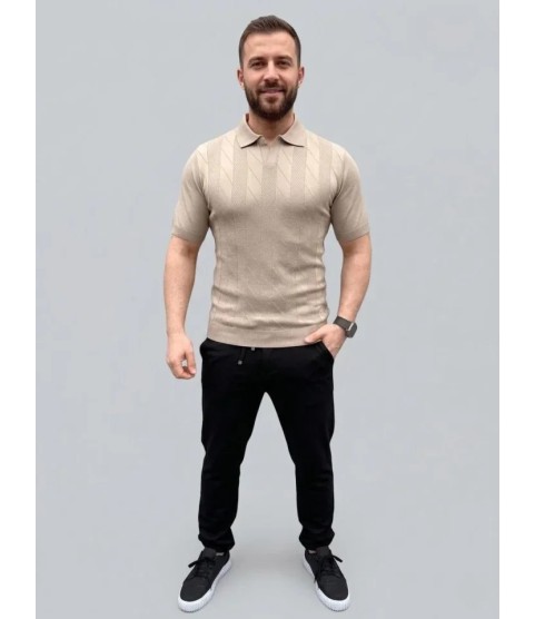 Erkek Yazlık Triko Dokuma Tişört Kısa Kol Polo Yaka T-Shirt - Bej