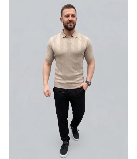 Erkek Yazlık Triko Dokuma Tişört Kısa Kol Polo Yaka T-Shirt - Bej