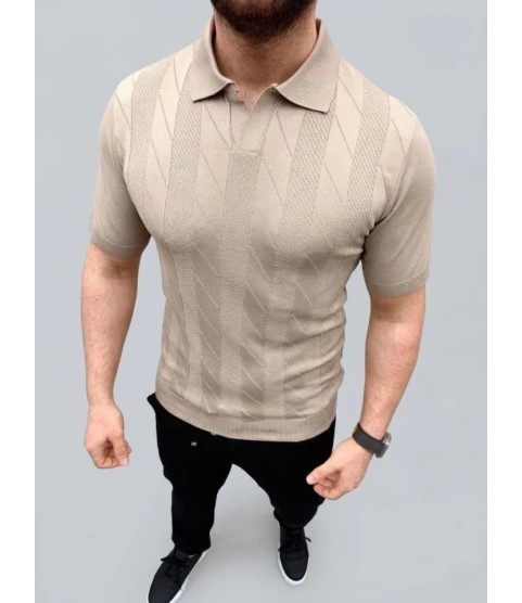 Erkek Yazlık Triko Dokuma Tişört Kısa Kol Polo Yaka T-Shirt - Bej