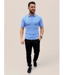 Erkek Yazlık Triko Dokuma Tişört Kısa Kol Polo Yaka T-Shirt - Bebek Mavisi