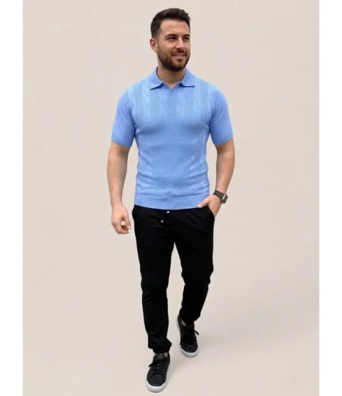 Erkek Yazlık Triko Dokuma Tişört Kısa Kol Polo Yaka T-Shirt - Bebek Mavisi