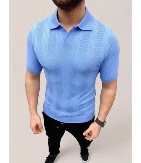 Erkek Yazlık Triko Dokuma Tişört Kısa Kol Polo Yaka T-Shirt - Bebek Mavisi