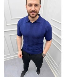 Erkek Yazlık Triko Dokuma Tişört Kısa Kol Polo Yaka T-Shirt - Lacivert