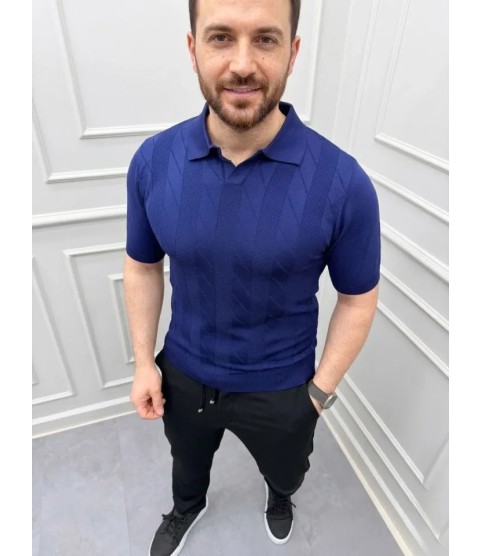 Erkek Yazlık Triko Dokuma Tişört Kısa Kol Polo Yaka T-Shirt - Lacivert