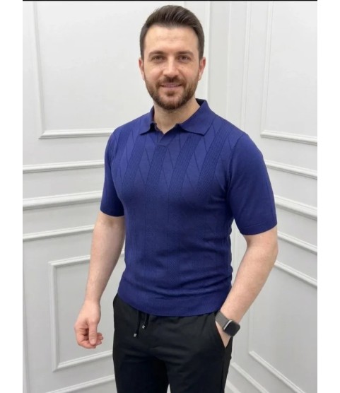 Erkek Yazlık Triko Dokuma Tişört Kısa Kol Polo Yaka T-Shirt - Lacivert