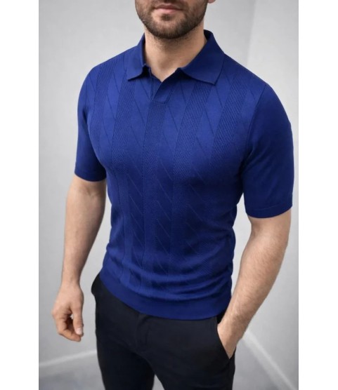 Erkek Yazlık Triko Dokuma Tişört Kısa Kol Polo Yaka T-Shirt - Lacivert