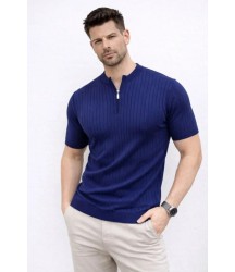 Erkek Kısa Kol Fitilli Triko T-Shirt Yazlık Hakim Yaka Tişört - Lacivert