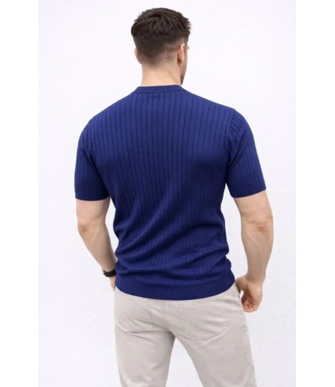Erkek Kısa Kol Fitilli Triko T-Shirt Yazlık Hakim Yaka Tişört - Lacivert