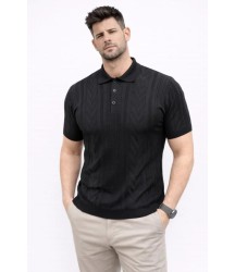 Erkek Yazlık Triko Tişört Kısa Kol Polo Yaka Düğmeli T-Shirt - Siyah