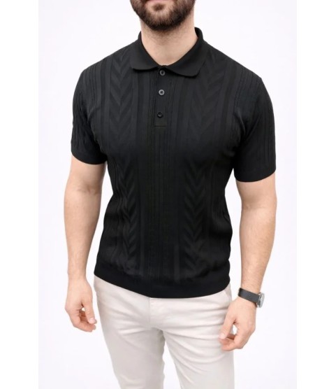 Erkek Yazlık Triko Tişört Kısa Kol Polo Yaka Düğmeli T-Shirt - Siyah