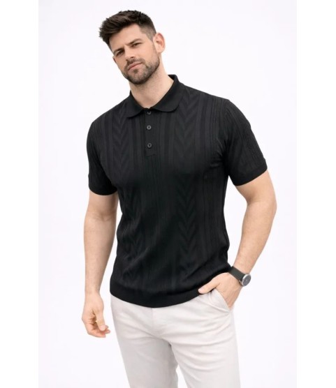 Erkek Yazlık Triko Tişört Kısa Kol Polo Yaka Düğmeli T-Shirt - Siyah