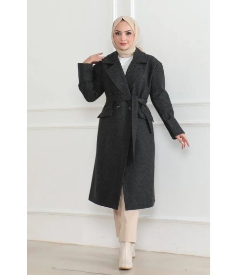 Kaşe Kaban Uzun Boy 115 Cm Kruvaze Yaka Kuşaklı Astarlı Tesettür Kaban Yünlü - Siyah Kaşe Kaban Uzun Boy 115 Cm Kruvaze Yaka Kuşaklı Astarlı Tesettür Kaban Yünlü - Siyah