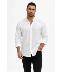 Erkek KETEN Kumaş Oversize Uzun Kollu Rahat Kalıp Gömlek - Beyaz