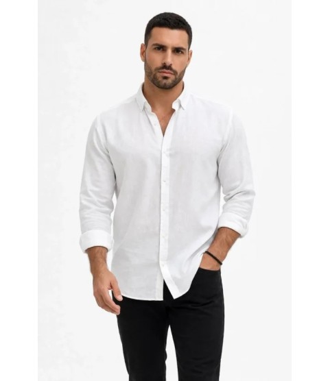 Erkek KETEN Kumaş Oversize Uzun Kollu Rahat Kalıp Gömlek - Beyaz