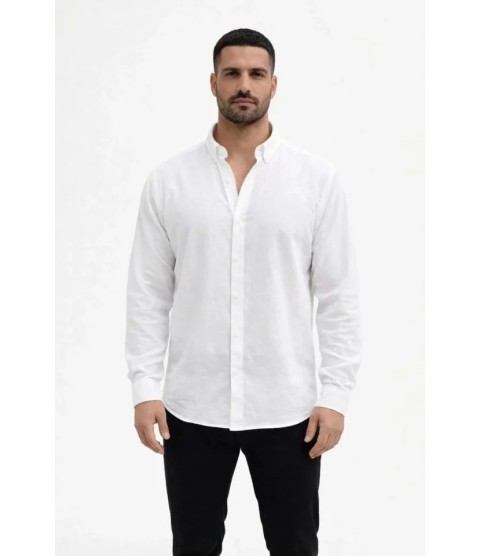 Erkek KETEN Kumaş Oversize Uzun Kollu Rahat Kalıp Gömlek - Beyaz