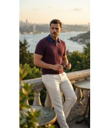 Erkek Desenli Kısa Kollu Triko Tişört - %100 Pamuk Akrilik