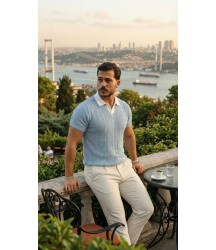 Erkek Desenli Kısa Kollu Triko Tişört - %100 Pamuk Akrilik