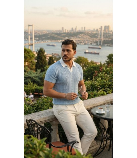 Erkek Desenli Kısa Kollu Triko Tişört - %100 Pamuk Akrilik