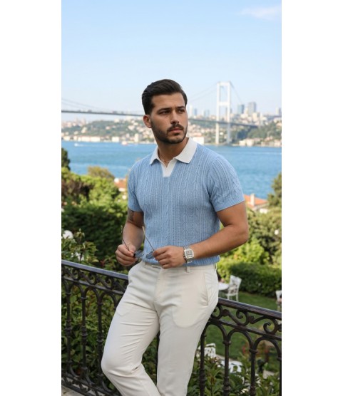 Erkek Desenli Kısa Kollu Triko Tişört - %100 Pamuk Akrilik