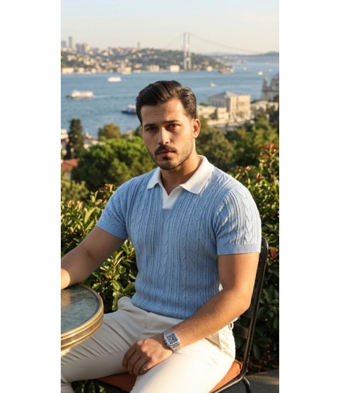 Erkek Desenli Kısa Kollu Triko Tişört - %100 Pamuk Akrilik