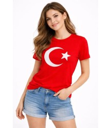 T-Shirt Kısa Kol Bisiklet Yaka Ay Yıldız Bayrak Baskılı Tişört - Kırmızı