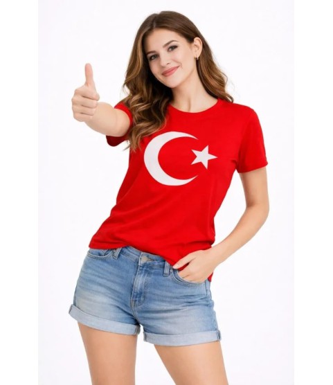 T-Shirt Kısa Kol Bisiklet Yaka Ay Yıldız Bayrak Baskılı Tişört - Kırmızı