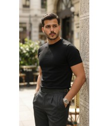 Erkek Basic Bisiklet Yaka Kısa Kollu Triko Tişört - %100 Pamuk Akrilik