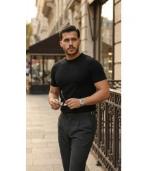 Erkek Basic Bisiklet Yaka Kısa Kollu Triko Tişört - %100 Pamuk Akrilik