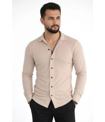 Erkek Waffle Kumaş Uzun Kollu Düğmeli Açık Yaka Regular Fit Gömlek - Bej
